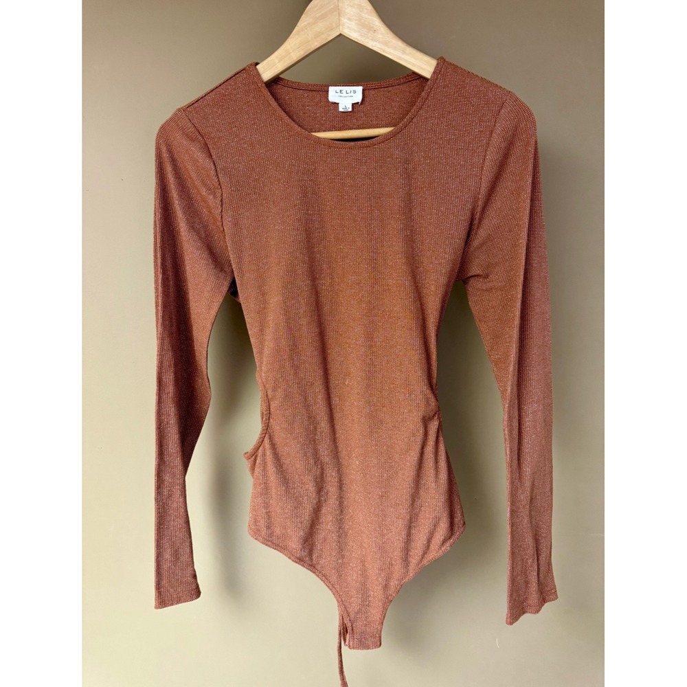 Le‎ Lis Collection Ribbed Tie Back Long Sleeve Copper Bodysuit Women's L